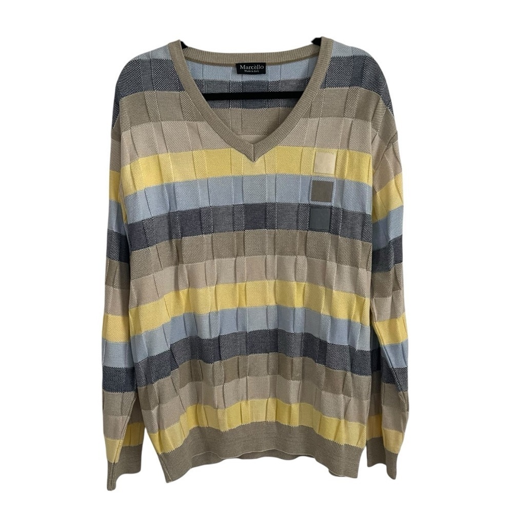 Vintage Marcello Italy Sweater Mens extra Large Blue tan yellow granpa type